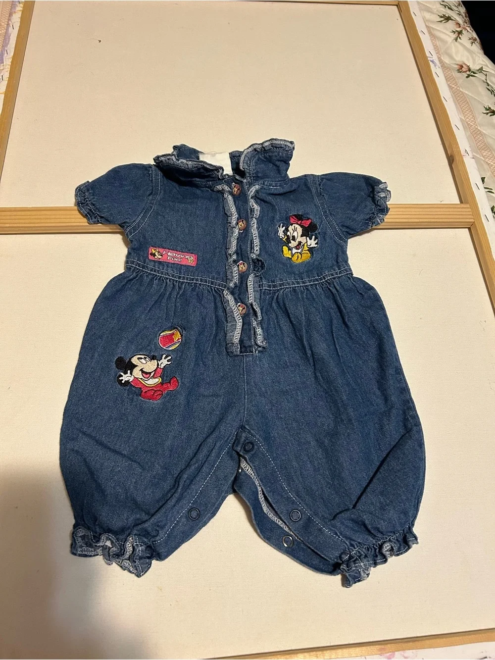 Unbranded Girls' Blue Denim Romper with Minnie Mouse Embroidery